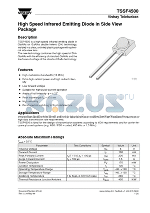 TSSF4500 datasheet - High Speed Infrared Emitting Diode in Side View Package