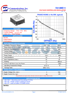 V613ME11 datasheet - LOW COST - HIGH PERFORMANCE VOLTAGE CONTROLLED OSCILLATOR