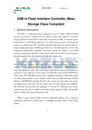 SN11083 datasheet - USB to Flash Interface Controller, Mass Storage Class Compliant