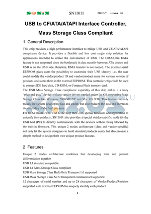 SN11011 datasheet - USB to CF/ATA/ATAPI Interface Controller, Mass Storage Class Compliant