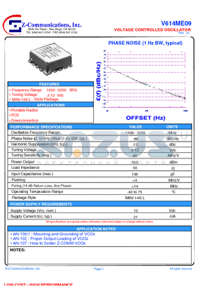 V614ME09 datasheet - LOW COST - HIGH PERFORMANCE VOLTAGE CONTROLLED OSCILLATOR