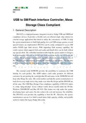 SN11012 datasheet - USB to SM/Flash Interface Controller, Mass Storage Class Compliant