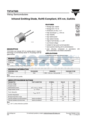 TSTA7500 datasheet - Infrared Emitting Diode, RoHS Compliant, 875 nm, GaAlAs
