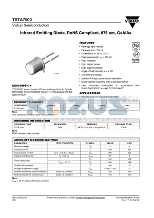 TSTA7500_08 datasheet - Infrared Emitting Diode, RoHS Compliant, 875 nm, GaAlAs