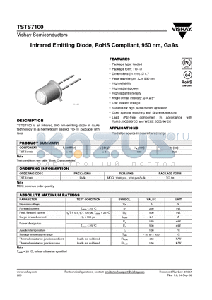 TSTS7100 datasheet - Infrared Emitting Diode, RoHS Compliant, 950 nm, GaAs