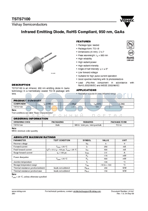 TSTS7100_08 datasheet - Infrared Emitting Diode, RoHS Compliant, 950 nm, GaAs