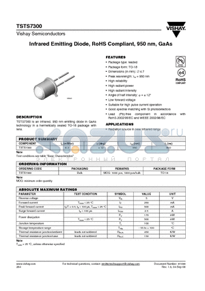 TSTS7300 datasheet - Infrared Emitting Diode, RoHS Compliant, 950 nm, GaAs