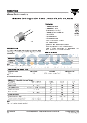 TSTS7500_08 datasheet - Infrared Emitting Diode, RoHS Compliant, 950 nm, GaAs