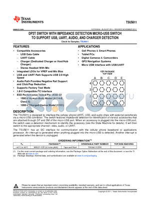 TSU5611YZPR datasheet - DP3T SWITCH WITH IMPEDANCE DETECTION MICRO-USB SWITCH TO SUPPORT USB, UART, AUDIO, AND CHARGER DETECTION