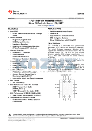 TSU6111 datasheet - SP2T Switch with Impedance Detection Micro-USB Switch to Support USB, UART