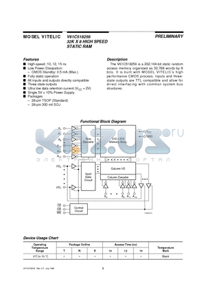 V61C518256-15R datasheet - 32K X 8 HIGH SPEED STATIC RAM