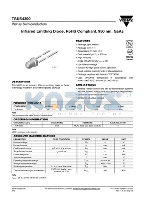 TSUS4300_08 datasheet - Infrared Emitting Diode, RoHS Compliant, 950 nm, GaAs