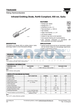 TSUS4400 datasheet - Infrared Emitting Diode, RoHS Compliant, 950 nm, GaAs