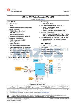 TSU6111RSVR datasheet - USB Port SP2T Switch Supports USB & UART