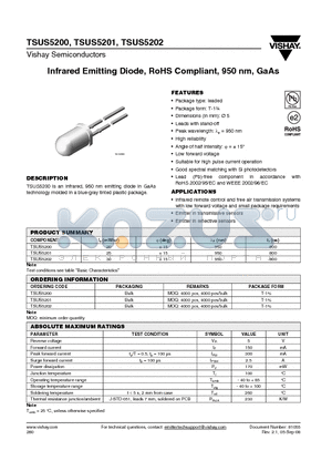 TSUS5200 datasheet - Infrared Emitting Diode, RoHS Compliant, 950 nm, GaAs