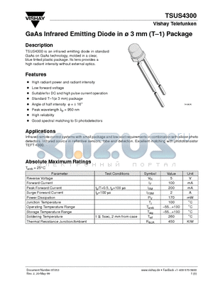 TSUS4300 datasheet - GaAs Infrared Emitting Diode in ^3 mm (T-1) Package