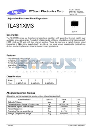 TL431BM3 datasheet - Adjustable Precision Shunt Regulators