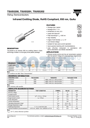 TSUS5201 datasheet - Infrared Emitting Diode, RoHS Compliant, 950 nm, GaAs