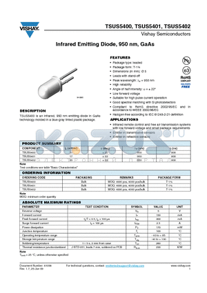 TSUS5400 datasheet - Infrared Emitting Diode, 950 nm, GaAs