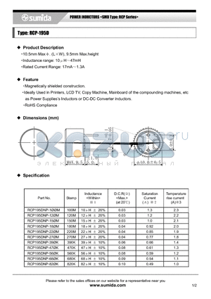 RCP195DNP-100M datasheet - POWER INDUCTORS <SMD Type: RCP Series>