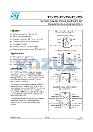 TSV321ID/IDT datasheet - General purpose input/output rail-to-rail low power operational amplifiers