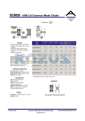 SCM20-102M-RC datasheet - USB 2.0 Common Mode Choke