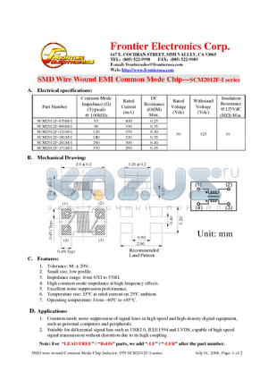SCM2012F-121M-I datasheet - SMD Wire Wound EMI Common Mode Chip