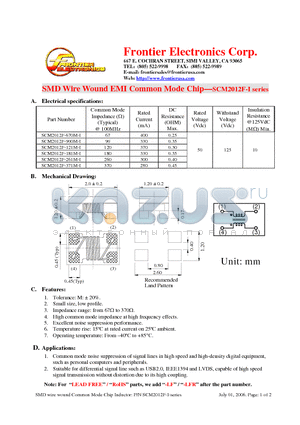 SCM2012F-371M-I datasheet - SMD Wire Wound EMI Common Mode Chip