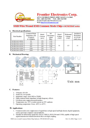 SCM3216F-102M datasheet - SMD Wire Wound EMI Common Mode Chip