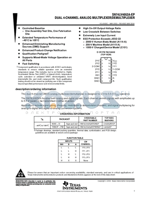 V62/03665-01XE datasheet - DUAL 4-CHANNEL ANALOG MULTIPLEXER/DEMULTIPLEXER