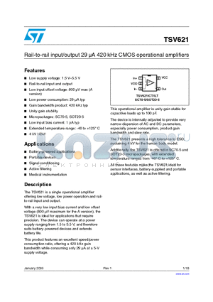 TSV621ICT datasheet - Rail-to-rail input/output 29 lA 420 kHz CMOS operational amplifiers
