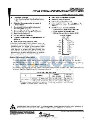 V62/03666-01YE datasheet - TRIPLE 2-CHANNEL ANALOG MULTIPLEXER/DEMULTIP LEXER