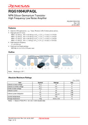 RQG1004UP-TL-E datasheet - NPN Silicon Germanium Transistor High Frequency Low Noise Amplifier