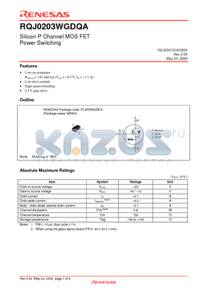 RQJ0203WGDQA datasheet - Silicon P Channel MOS FET Power Switching