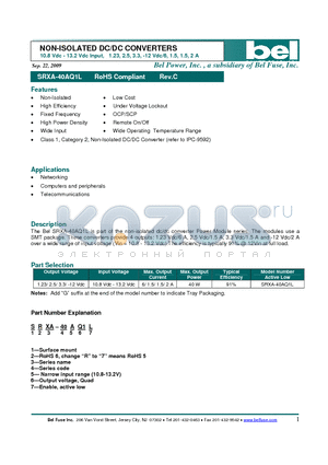 SRXA-40AQ1L datasheet - NON-ISOLATED DC/DC CONVERTERS 10.8 Vdc - 13.2 Vdc Input, 1.23, 2.5, 3.3, -12 Vdc/6, 1.5, 1.5, 2 A