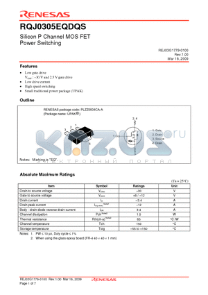 RQJ0305EQDQSTL-E datasheet - Silicon P Channel MOS FET Power Switching