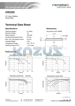 RCR2325 datasheet - 3V Lithium Battery Swiss Made