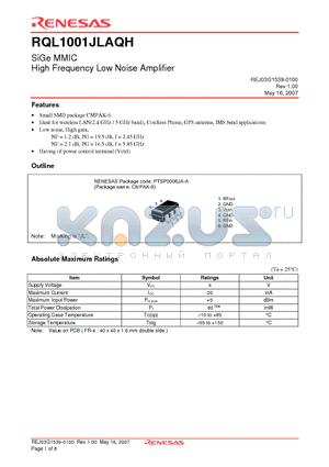 RQL1001JLTL-E datasheet - SiGe MMIC High Frequency Low Noise Amplifier