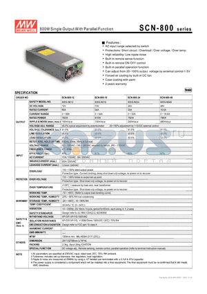 SCN-800 datasheet - 800W Single Output With Parallel Function
