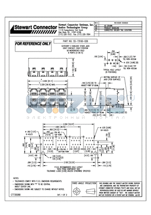 SS-73100-026 datasheet - CATEGORY 3 SHIELDED STACK JACK EIGHT CONTACT, EIGHT POSITION 50 MICROINCHES GOLD 8 PORTS(4 ON 4)
