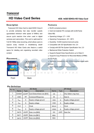 TSXGSDHC6V datasheet - 4GB~16GB SDHC6 HD Video Card