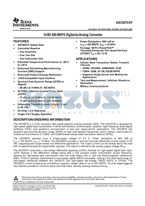 V62/05619-01XE datasheet - 14-Bit 400-MSPS Digital-to-Analog Converter
