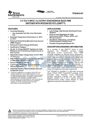 V62/05622-01XE datasheet - 3 V TO 6 V INPUT, 6 A OUTPUT SYNCHRONOUS BUCK PWM SWITCHER WITH INTEGRATED FETs (SWIFT)