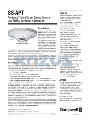 SS-APT datasheet - Multi-Sensor Smoke Detector Low-Profile, Intelligent, Addressable