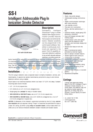 SS-I datasheet - Intelligent Addressable Plug-In Ionization Smoke Detector