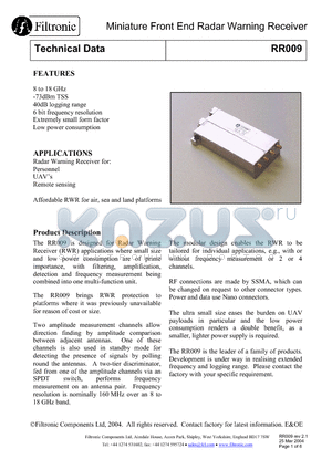 RR009 datasheet - Miniature Front End Radar Warning Receiver