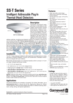 SS-T datasheet - Intelligent Addressable Plug-In Thermal (Heat) Detectors