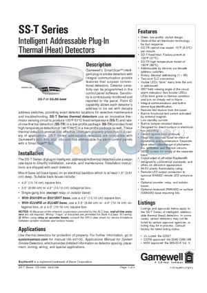 SS-TH datasheet - Intelligent Addressable Plug-In Thermal (Heat) Detectors