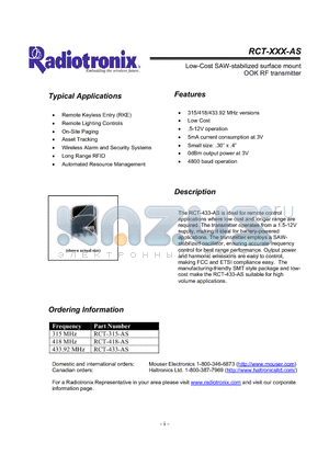 RCT-418-AS datasheet - Low-Cost SAW-stabilized surface mountOOK RF transmitter