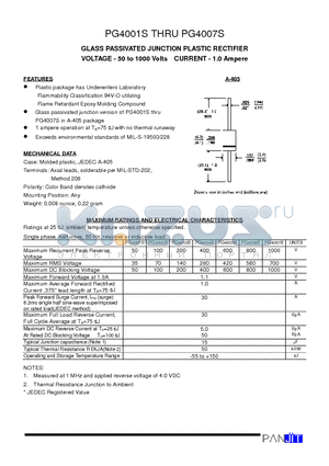 PG4001S datasheet - GLASS PASSIVATED JUNCTION PLASTIC RECTIFIER(VOLTAGE - 50 to 1000 Volts CURRENT - 1.0 Ampere)